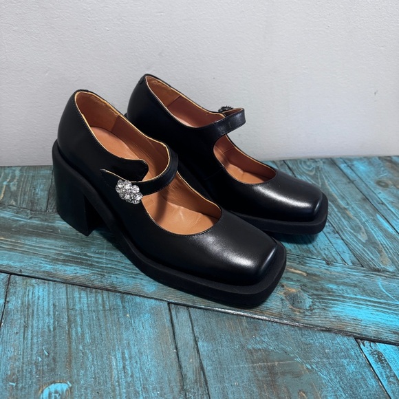 Ganni Embellished Leather Mary Jane Pumps Square Toe Chunky Size 38 = Size 8 - Picture 2 of 15